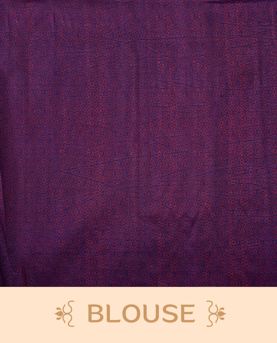 Purple Colour saree with multicolour floral and paisley motifs, detailed Contrast border, and a traditional design that comes with a matching blouse.