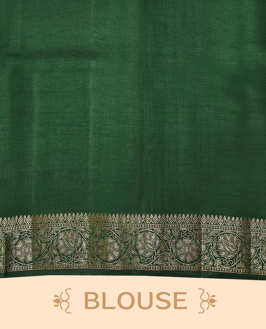 Chilly Red Colour Pure Banaras Soft Silk Saree adorned with traditional antique zari motifs, paired with a hand dyed Dark Green antique style border and a matching blouse.