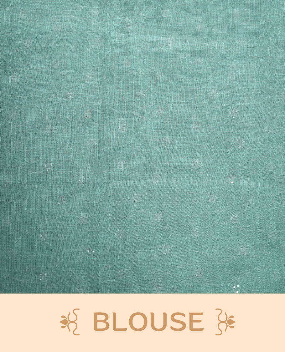 Light Blue colour Linen saree featuring Blue colour fade border with floral beats pattern around floral print across body without border, pallu and matching blouse piece.