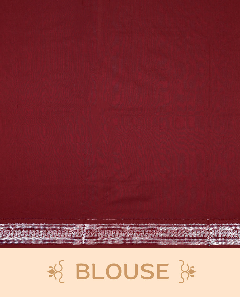 Peacock Blue colour mixed Kalyani cotton saree featuring Silver zari peacock motifs throughout the body, paired with a Maroon colour traditional border and pallu, with matching blouse