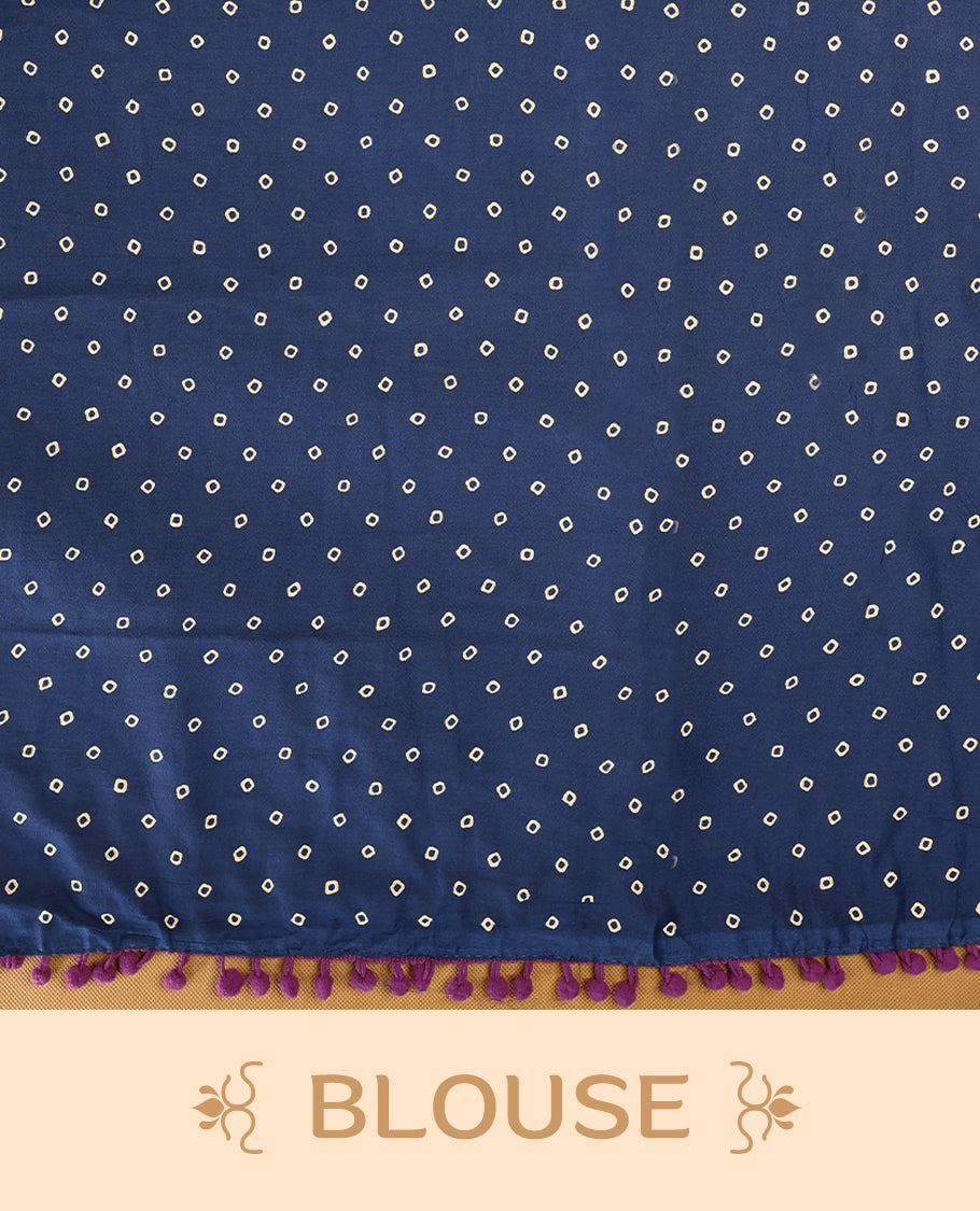 Blue cotton saree features intricate off-white handblock prints, a beautifully detailed border with Grape piping and Self Coloured Blouse