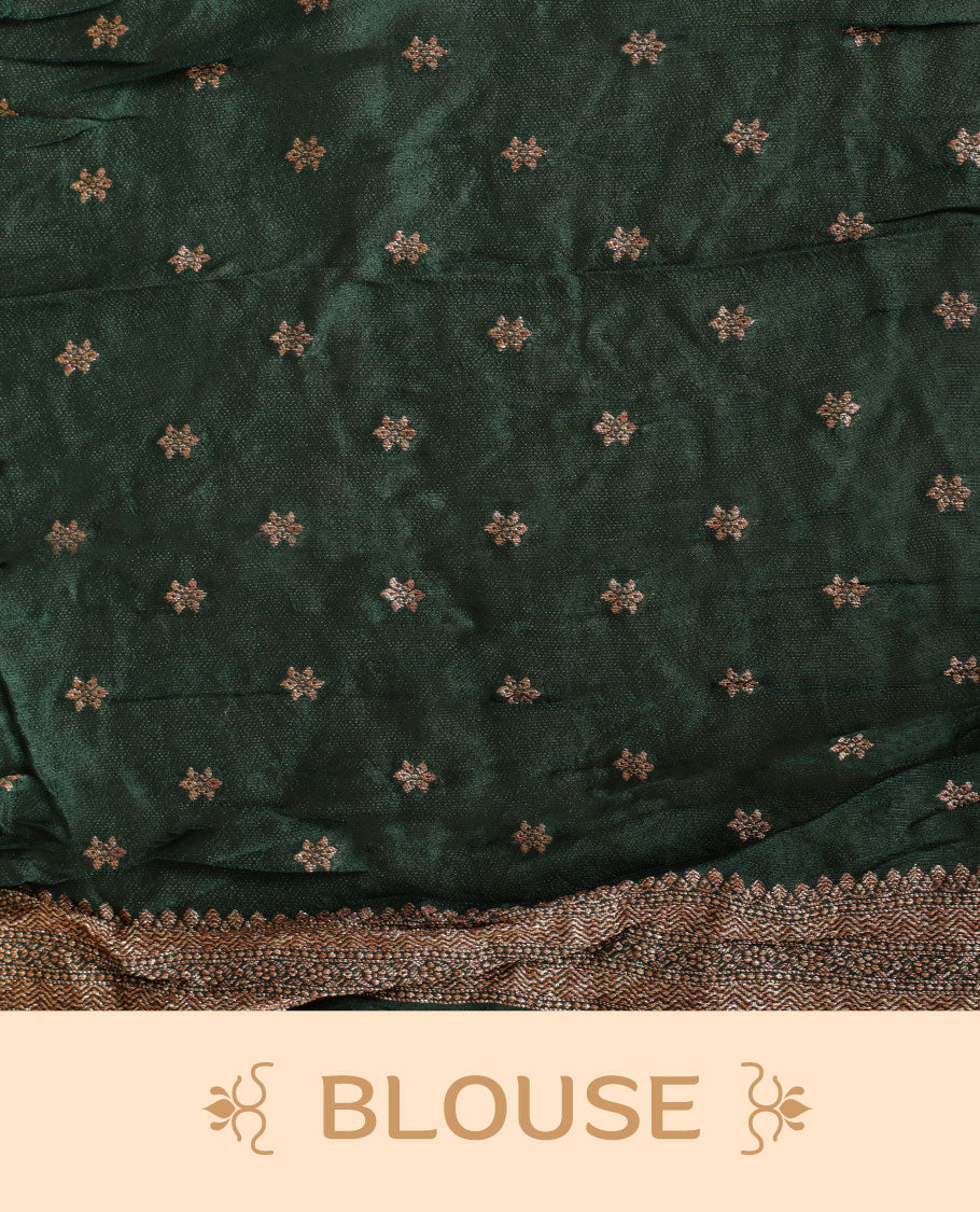 Deep Green colour Banarasi Bandhani silk saree featuring with intricate Banarasi motifs on body, complemented by antique zari woven border and grand pallu, paired with matching blouse