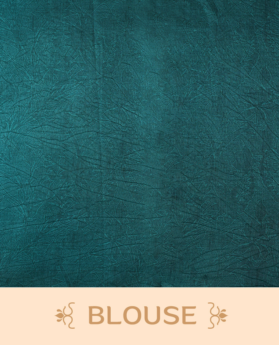 Teal blue colour Manipuri saree features a body with abstract leafy patterns in shades of green, without border, and comes with a matching blouse.