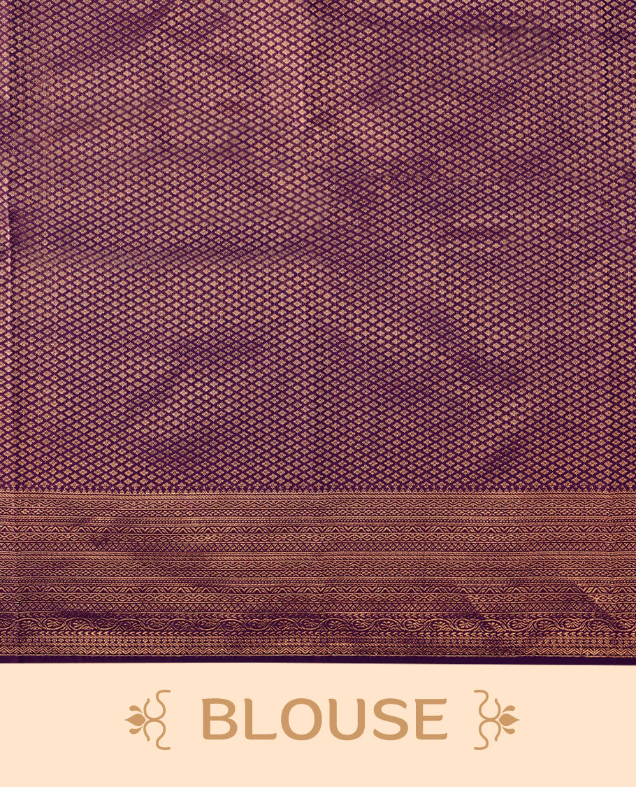 Royal Purple colour Kancheepuram saree featuring an antique zari brocade body, complemented by a traditional border and a matching blouse.