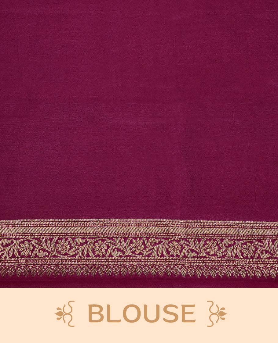 Beige Colour Pure Banaras Soft Silk Saree adorned with traditional antique zari motifs, paired with a hand dyed Dark Magenta antique style border and a matching blouse.