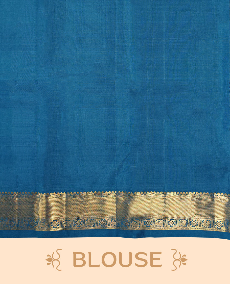 Blue and yellow Checked pure traditional Kancheepuram silk saree featuring antique zari peacock and chakkram motifs on the body, complemented by a traditional border adorned with peacock and diamond motifs, and paired with a matching blouse.