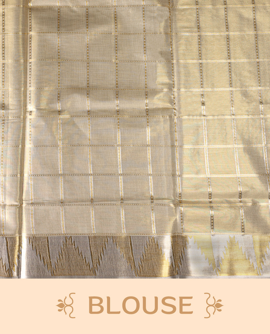 Elegant off white colour Tissue Kerala saree adorned with silver and gold geometric motifs on a checked body, enhanced by a shimmering silver kasavu border and rich golden pallu, paired with matching blouse for festive elegance.