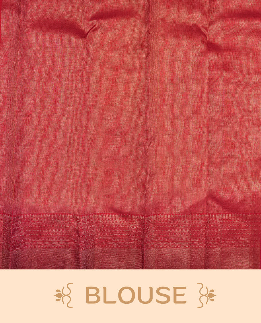 Maroon colour Kanchipuram pattern Manthrakodi saree adorned with antique zari jacquard work featuring elegant geometrical patterns across the body, complemented by a matching jacquard blouse piece for a regal finish.