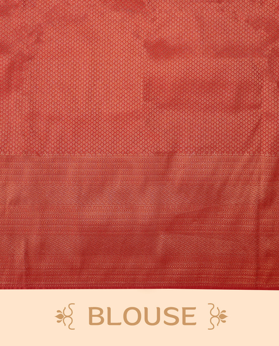 Chilli Red colour Kancheepuram saree featuring an antique zari brocade body, complemented by a traditional border and a matching blouse.