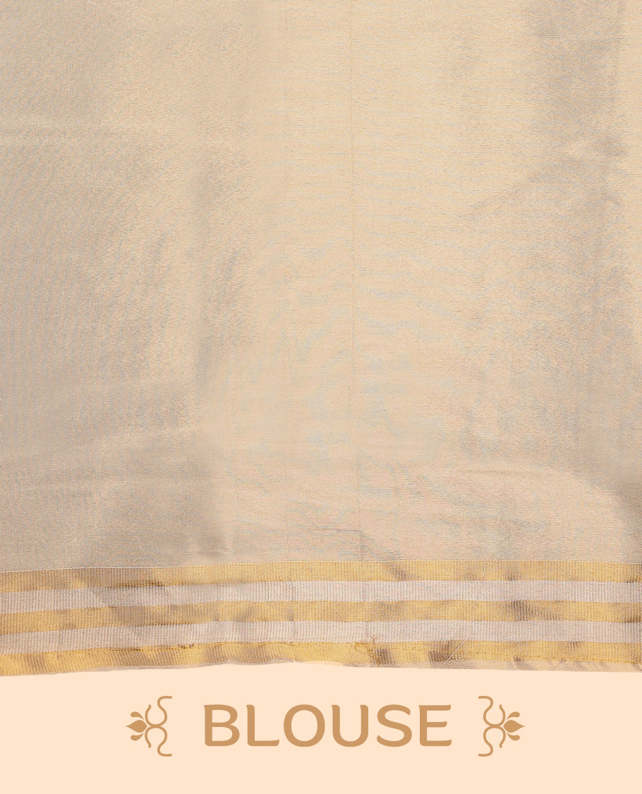 Ivory, gold and Silver soft tissue Kerala saree featuring a Plain Body, striking Circle border with a matching blouse
