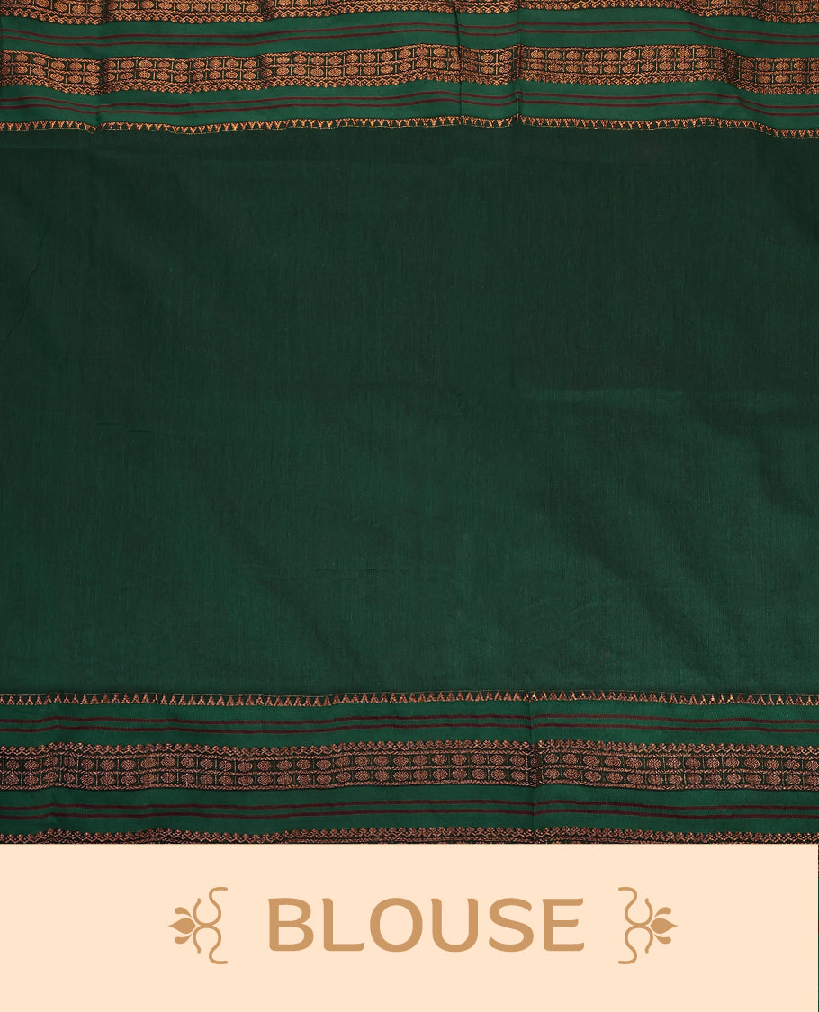 Grape and Green Kalyani cotton saree adorned with delicate buttas across the body, complemented by intricately woven golden zari patterns on the border and pallu, paired with a matching blouse