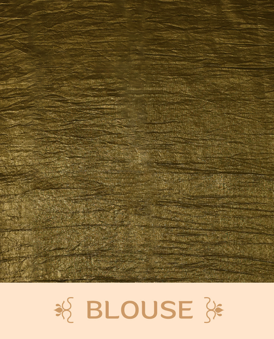 Olive Colour crush soft silk saree, textured body with a natural crinkled finish, adorned with intricate Silver colored floral Motifs and complemented by a delicate Silver Zari embroidery border, paired with a matching blouse