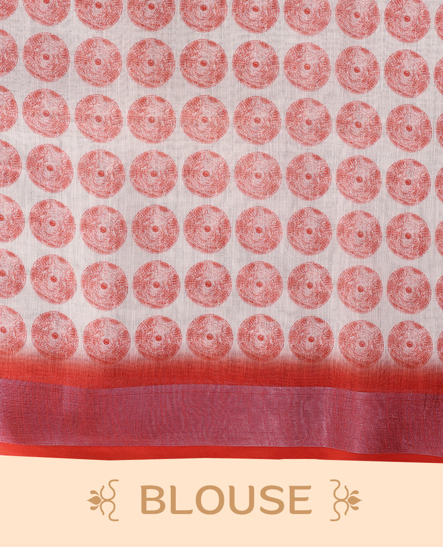 Red and white cotton saree featuring a nature-inspired abstract print and a Red border with Matching Blouse