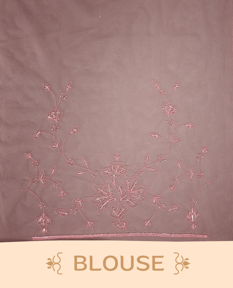 Light Pink colour net designer saree featuring beads and sequin floral kodi detailing on the body, adorned with beads and sequin worked floral kodi scallop border, paired with a matching worked blouse