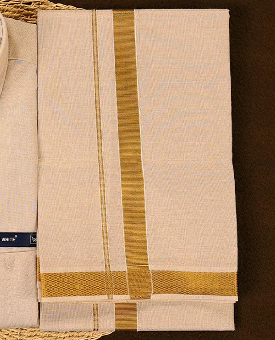 Beige tissue Full Sleeve shirt and matching dhoti set with smooth finish and golden tissue zari border giving a graceful and traditional appeal for festive and elegant occasions