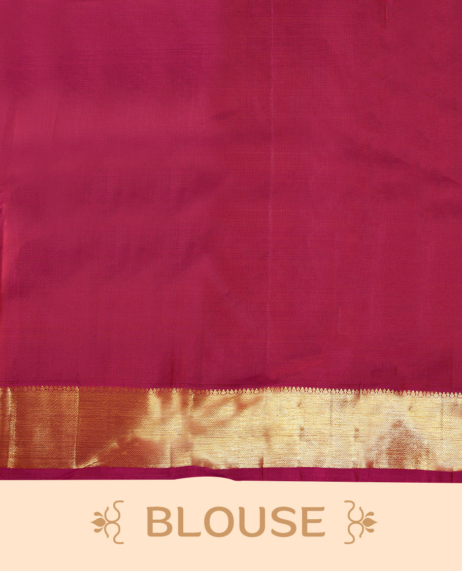 Pink traditional Kancheepuram silk saree featuring Plain body, a coordinated Traditional Temple design on the border, and a matching blouse.