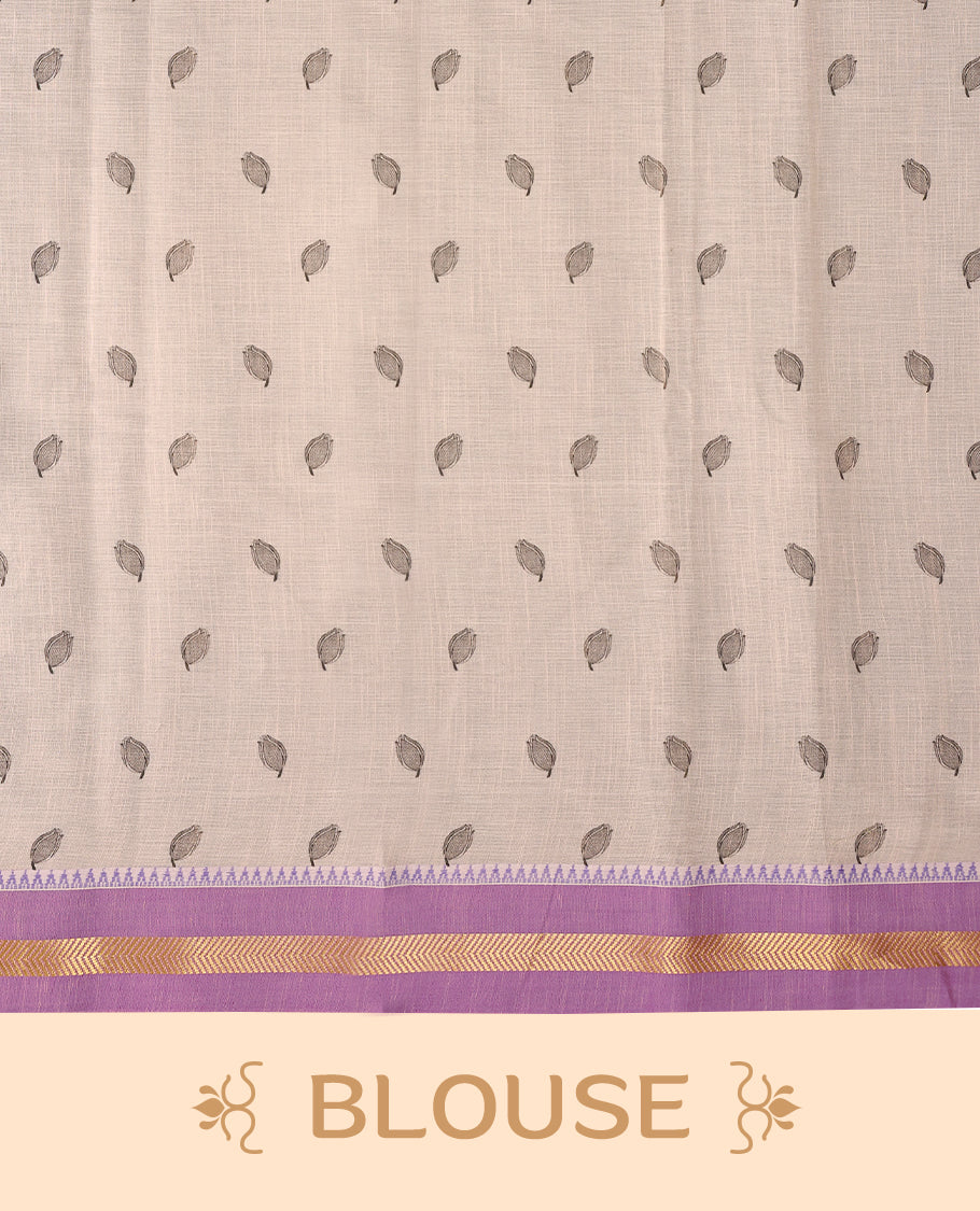Off white and Light Purple Colour lightweight khadi cotton saree with earthy-coloured digital floral prints on the Body and pallu, paired with a matching blouse.