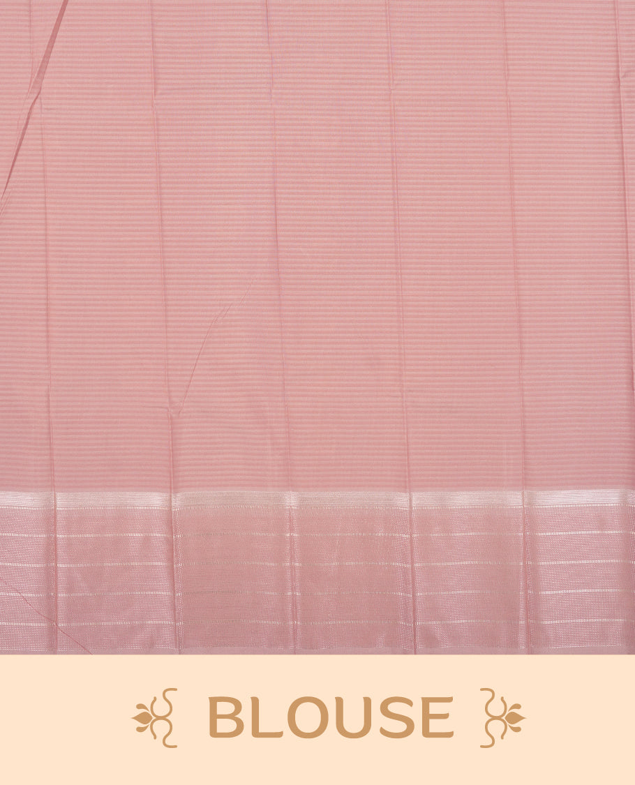 Dusty pink colour Semi Silk Saree with silver zari striped patterns on the body, paired with a Self coloured traditional pallu and border, and a matching blouse piece.