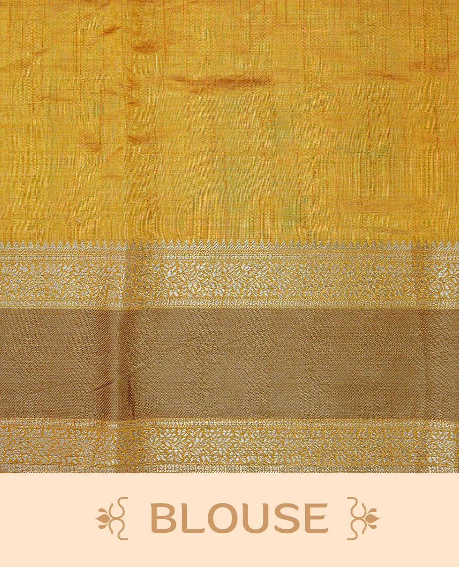 Cream colour semi Tussar silk saree featuring Elegant body, Complemented by contrast Mustard with rich zari detailed for onam special, paired with contrast Blouse for Festive look.