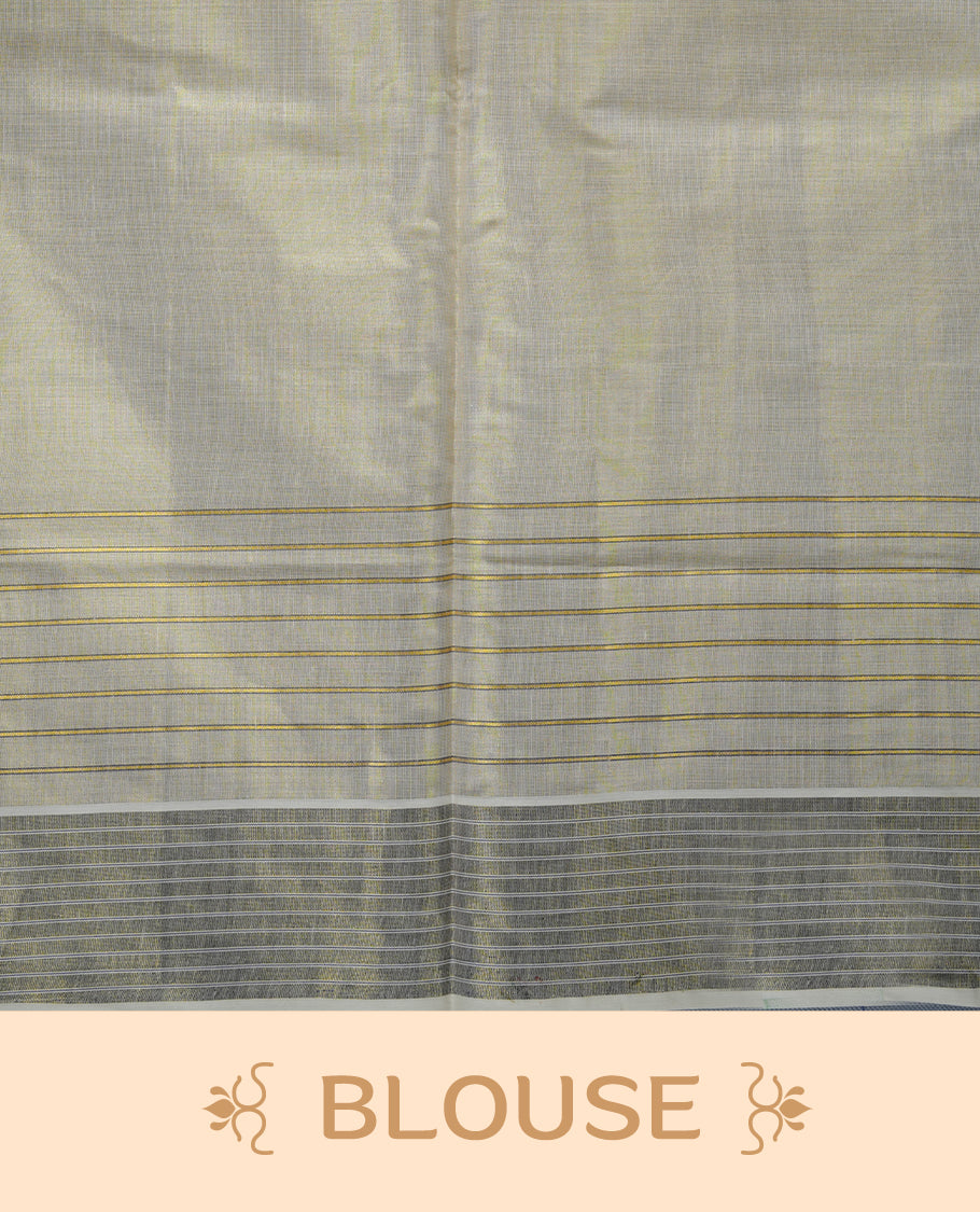 Light gold colour Tissue Kerala saree featuring a Plain body, an intricately woven gold and blue traditional pallu and border with chakra and peacok pattern paired with a matching blouse.