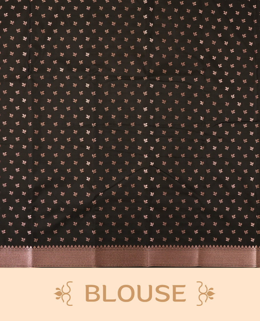 Black Semi Silk Saree with Rose Gold Satin-Finish Pallu Featuring Bold Leaf Motifs, Geometric Zari Edging and Tassels, Paired with Coordinated Blouse Piece