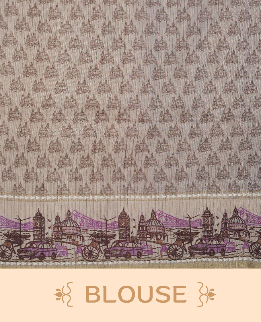 Purple colour semi tusser silk saree featuring contrast cream colour London bridge printed pattern border and paired with matching blouse.