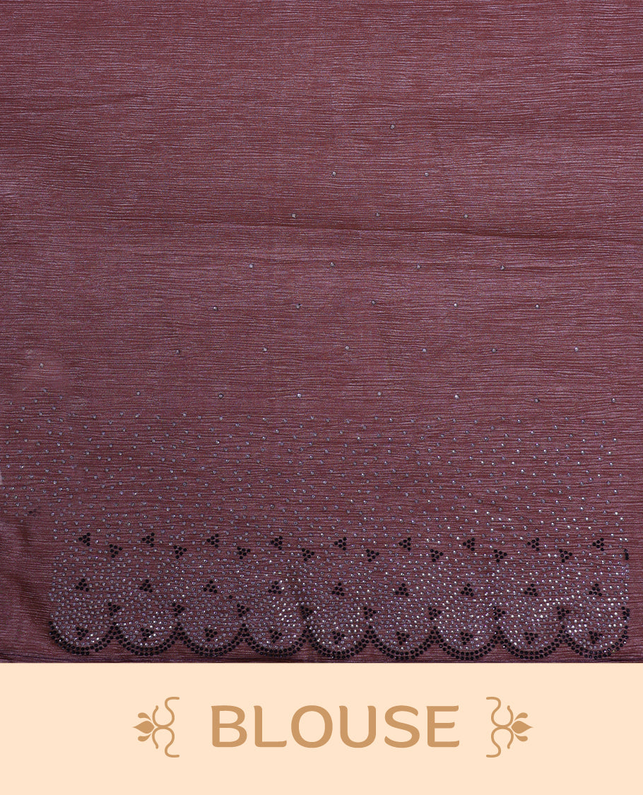 Grape colour chiffon designer saree, featuring black and white scattered stone on body, stone work and heavy stone pattern on border and pallu, Paired with matching blouse.