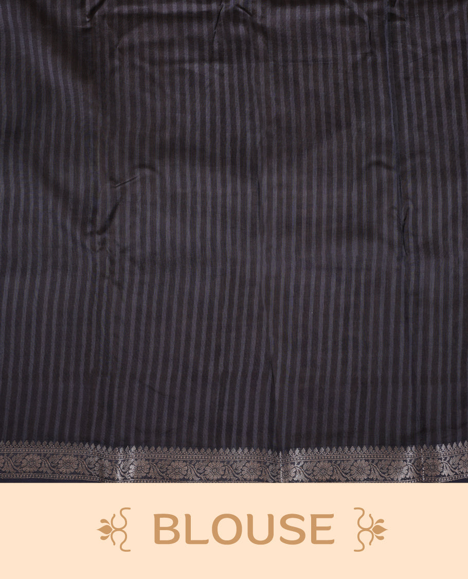 Cream colour chanderi silk saree with ash & olive geometric stripped printed On body, compilmented by contrast Dark ash colour border with golden zari floral pattern and a matching blouse.