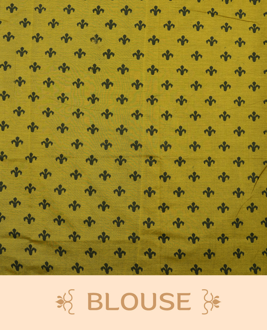Olive Green colour poly cotton saree with black vertical dotted line pattern on the body, paired with a matching pallu featuring black zigzag geometric border, and a coordinated all‑over black stylised fleur‑de‑lis printed blouse piece.