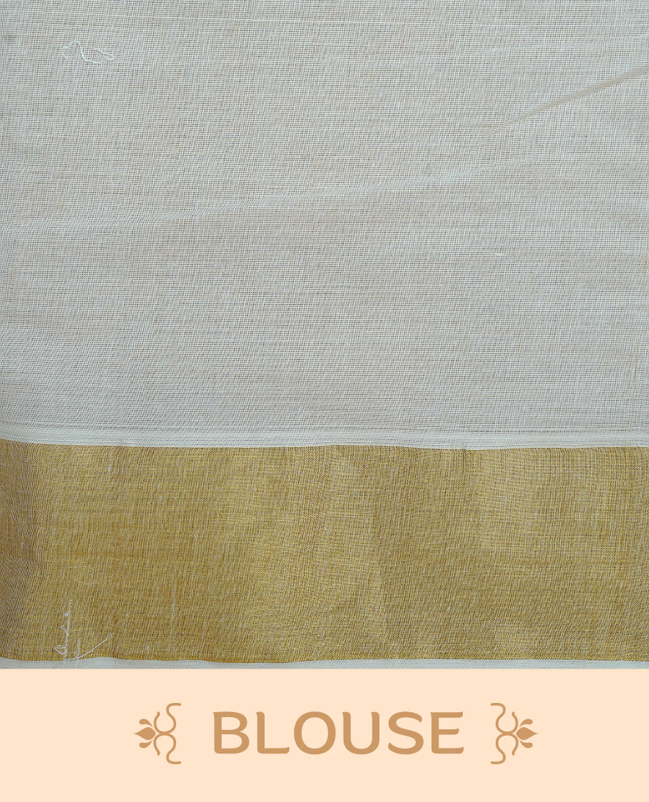 Cream Colour Cotton Kerala Saree Featuring Digital Floral Prints Across The Body, Enhanced With A Gold Zari Border, Traditional Gold Zari Pallu, Finished With Peach & White Tassels And A Matching Blouse Piece.