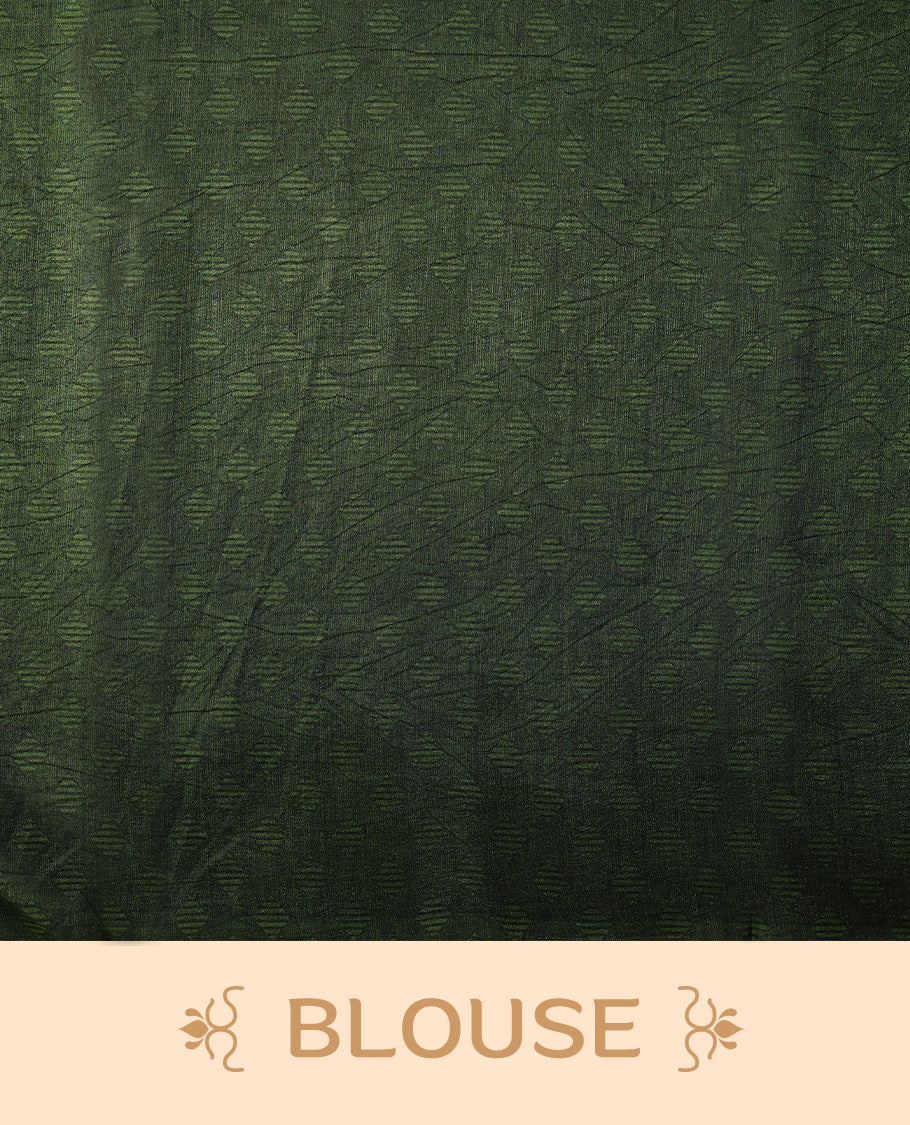 Deep olive green Colour Manipuri saree featuring oversized periwinkle blue and muted floral motifs, finished without a border, and paired with a matching blouse.