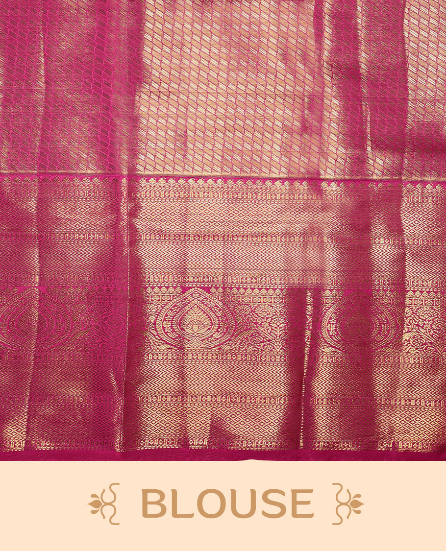 Gold colour tissue brocade saree with gold and silver zari kodi design on body, gold zari traditional magenta border, rich matching pallu with Antique zari motifs, paired with matching blouse.