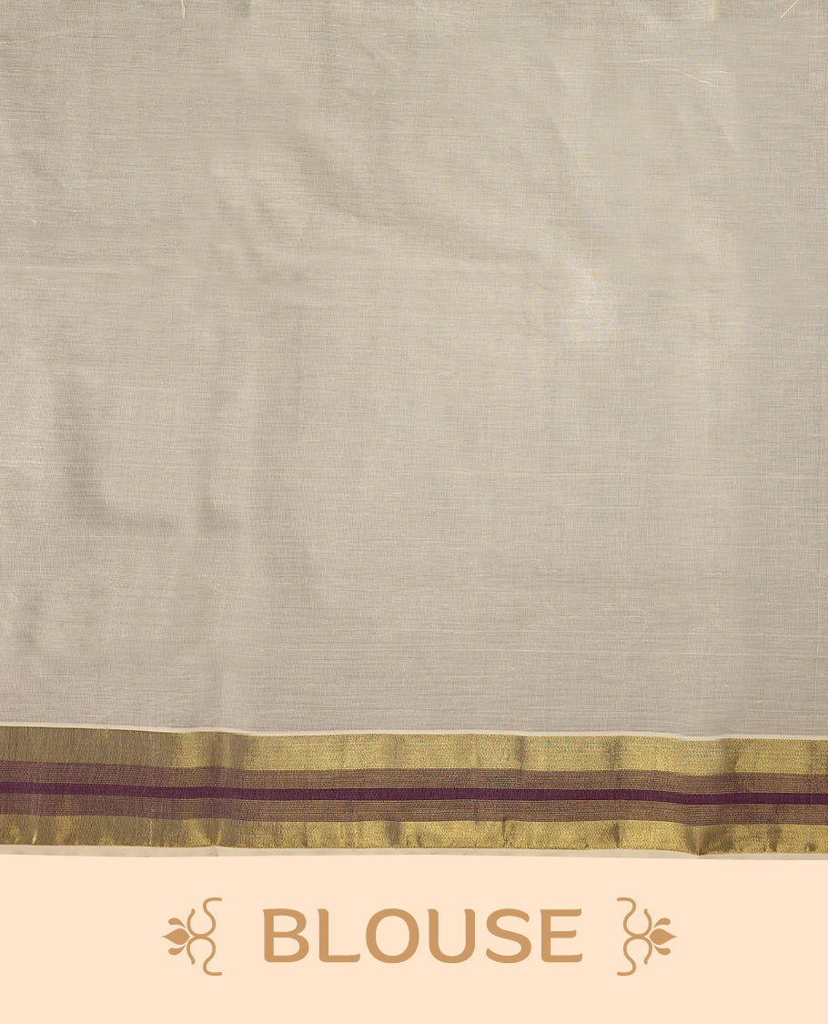 Elegant off white colour cotton Kerala saree featuring Plain body, Grape colour & golden zari kasavu border offering a classic and graceful look, paired with a matching blouse.