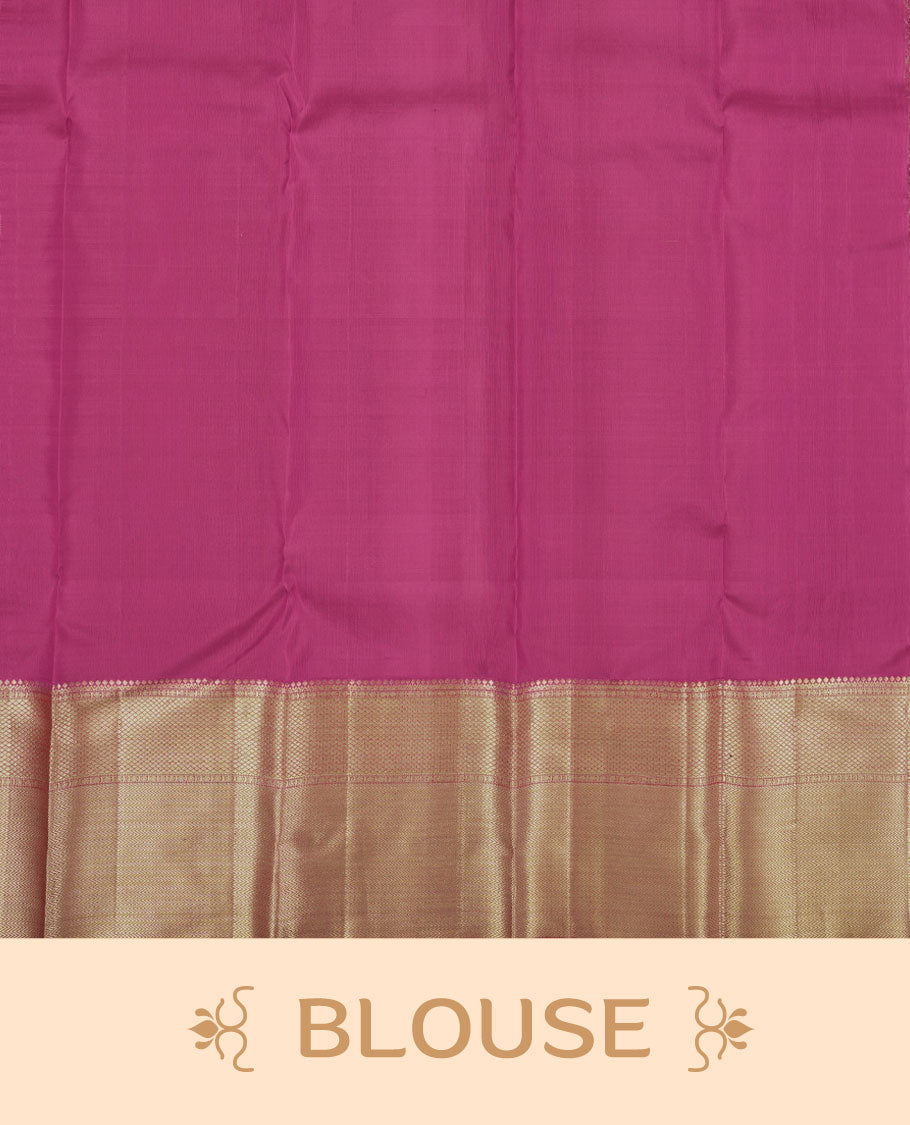 Magenta colour Kanchipuram pattern Manthrakodi saree featuring floral and peacock antique zari jacquard designs, traditional golden zari border and plain blouse piece with border.
