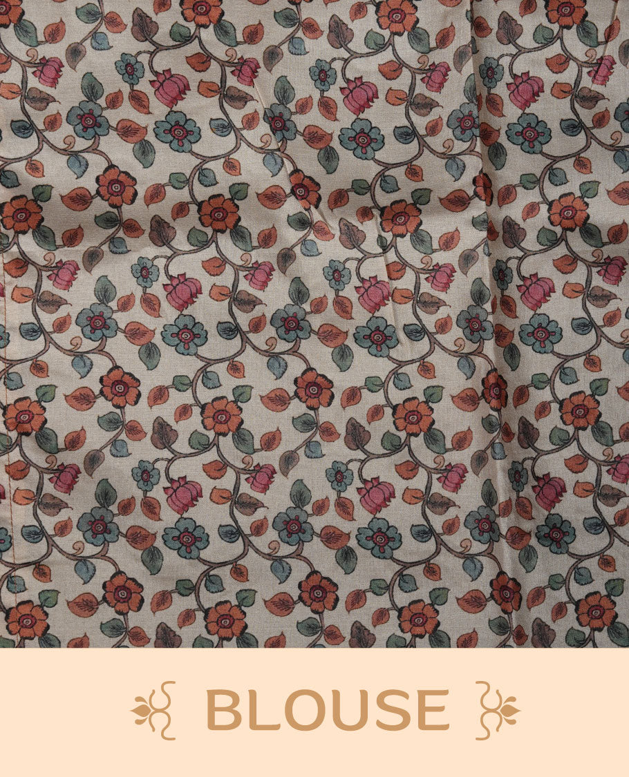 Mustard yellow semi linen saree featuring hand painted floral and bird motifs along the pallu and lower body, finished with a subtle border and paired with a matching printed blouse.