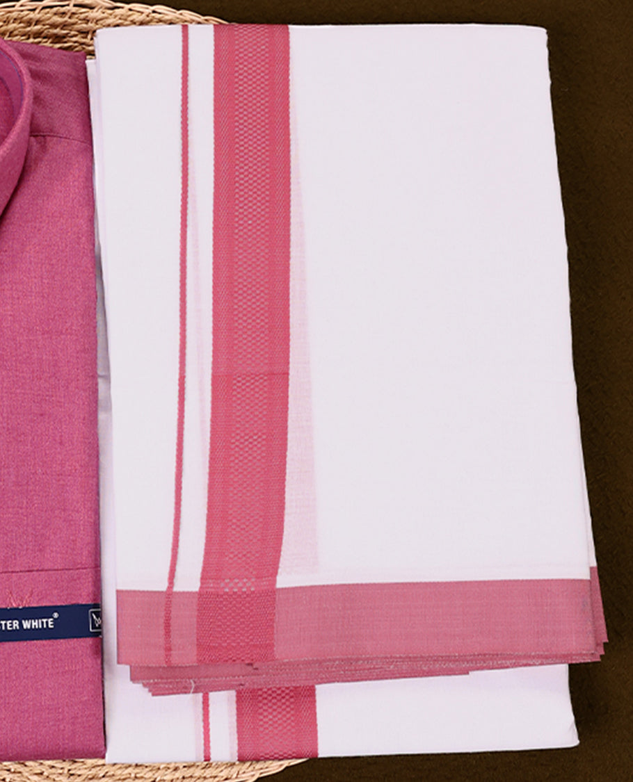 Deep Pink Colour full sleeve shirt and white dhoti set featuring a coordinated Pink zari border designed for a stylish and traditional look ideal for festive and cultural occasions