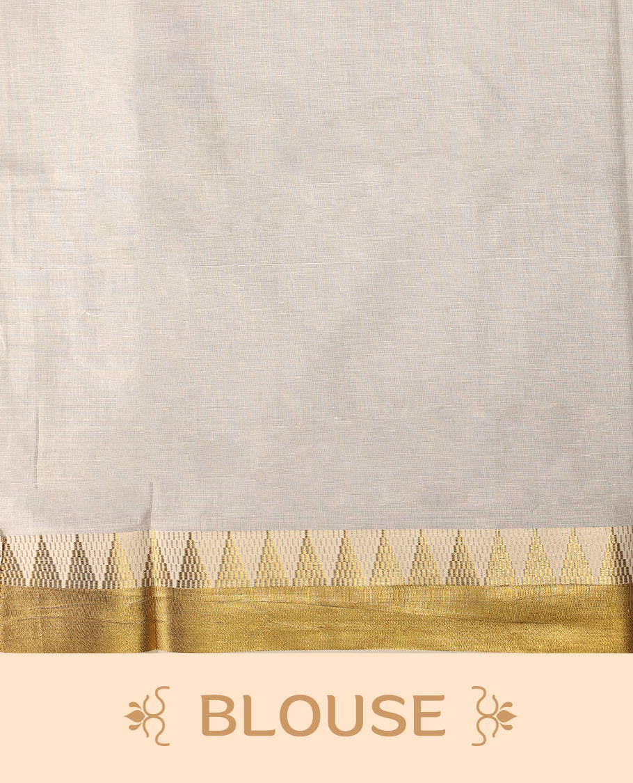 Elegant off white colour cotton Kerala saree featuring Gold zari Bold motifs on body, traditional golden zari kasavu border & Rich Pallu offering a classic and graceful look, paired with a matching blouse.