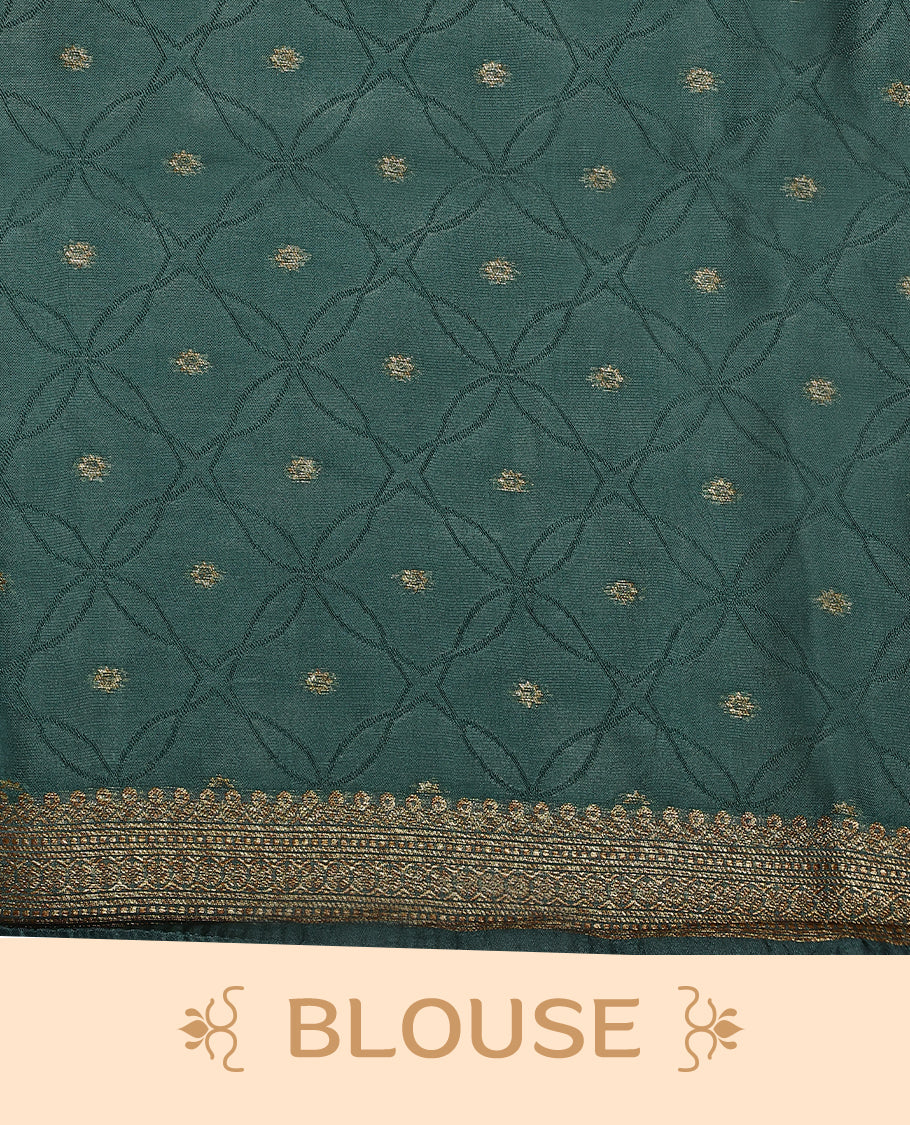 Sea green and teal double shade semi Banaras Tussar Georgette saree adorned with elegant antique gold zari floral motifs across the body, featuring a detailed woven border and grand pallu, paired with a matching blouse piece.