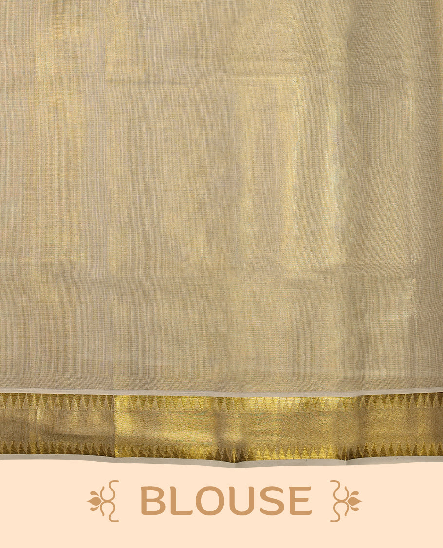 Elegant Light Gold colour Tissue Kerala saree featuring Plain body and traditional golden zari kasavu border, Rich pallu offering a classic and graceful look, paired with a matching blouse.