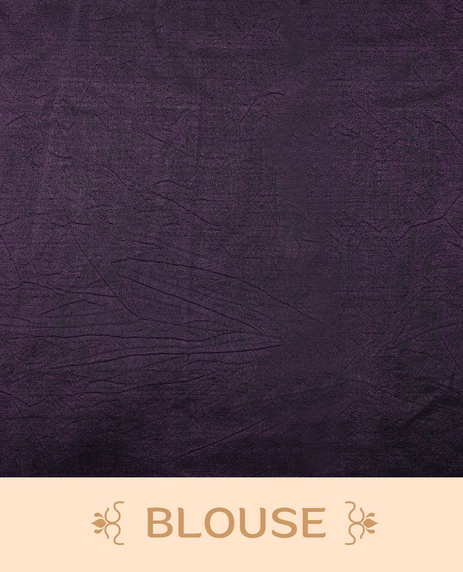 Dark plum colour Manipuri saree featuring oversized crimson and burnt orange floral motifs, finished without a border, and paired with a matching blouse.