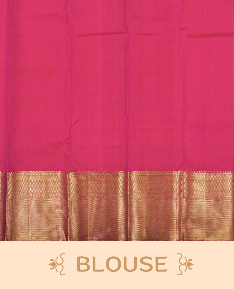 Red Rose colour Kanchipuram pattern Manthrakodi saree featuring floral motifs zari antique gold jacquard kanchipuram traditional small diamond & banarasi zigzag gold zari border and plain blouse piece with zari border.