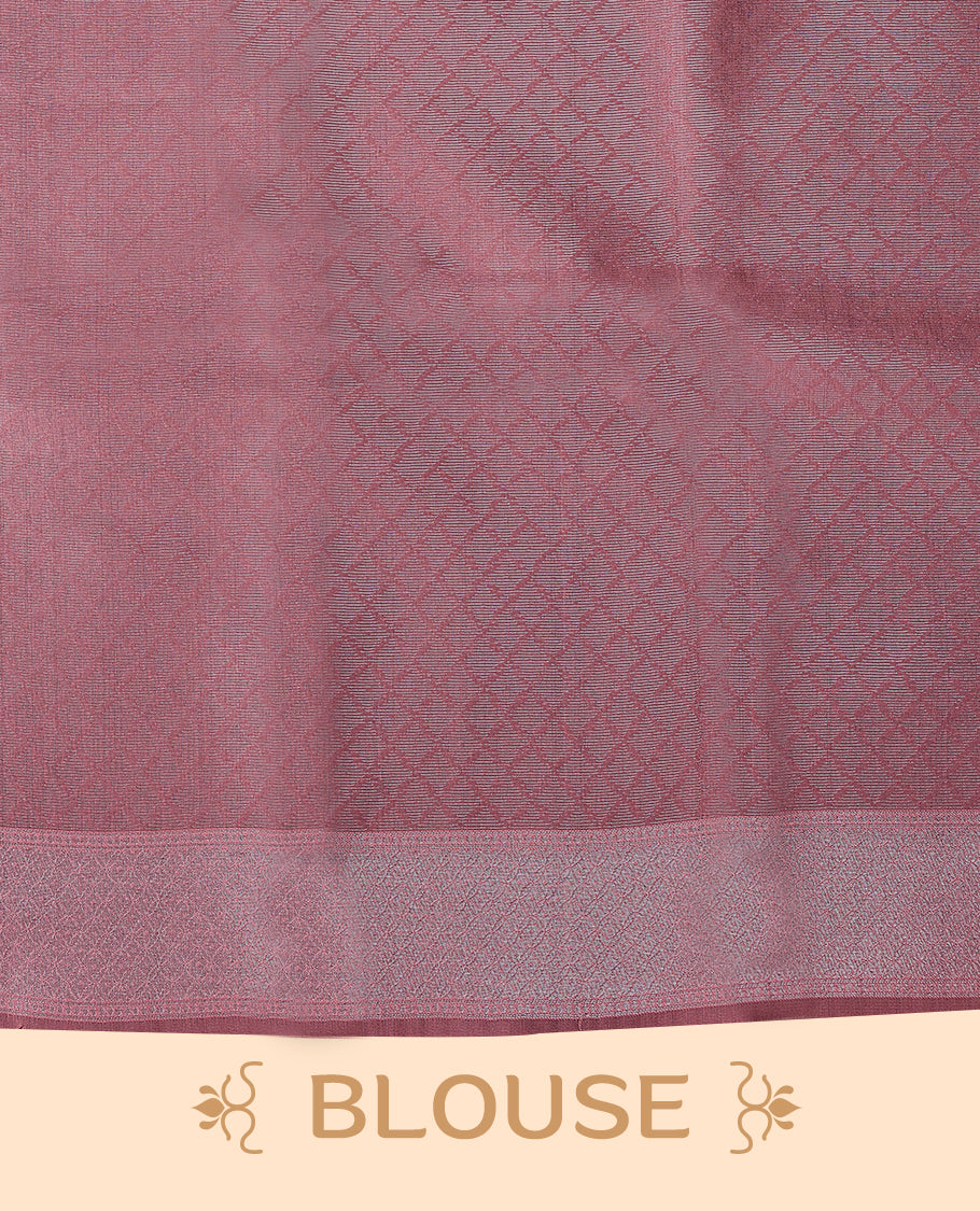 Silver coloured semi silk saree featuring a Self Coloured Check design on the body, paired with a Pastel Onion coloured border and matching blouse.