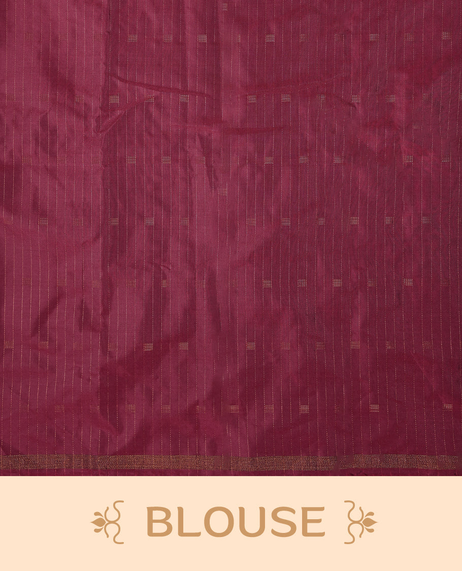 Maroon Red colour semi silk saree features a subtle checked body design with small woven motifs, a simple gold zari border, and comes with a matching blouse.