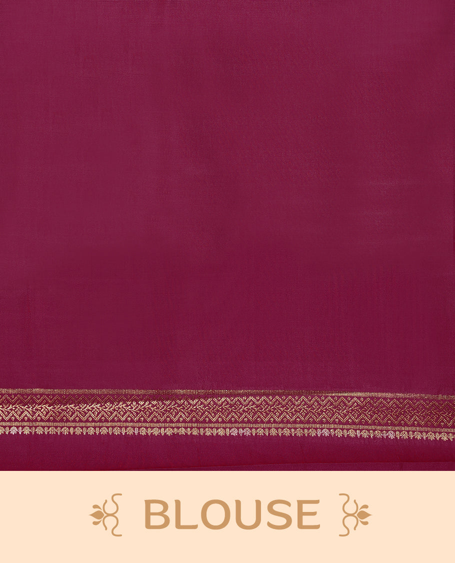 Onion Pink Colour Pure Banaras Soft Silk Saree adorned with traditional antique zari motifs, paired with a hand dyed Dark Magenta antique style border and a matching blouse.