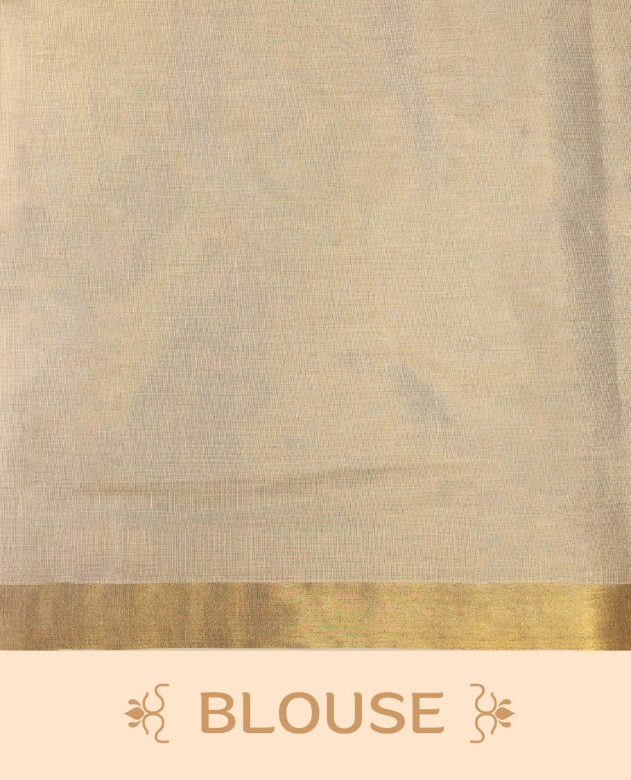 Elegant Light Gold colour Tissue Kerala saree featuring Plain body and traditional golden zari 2.5 Inch kasavu border offering a classic and graceful look, paired with a matching blouse.