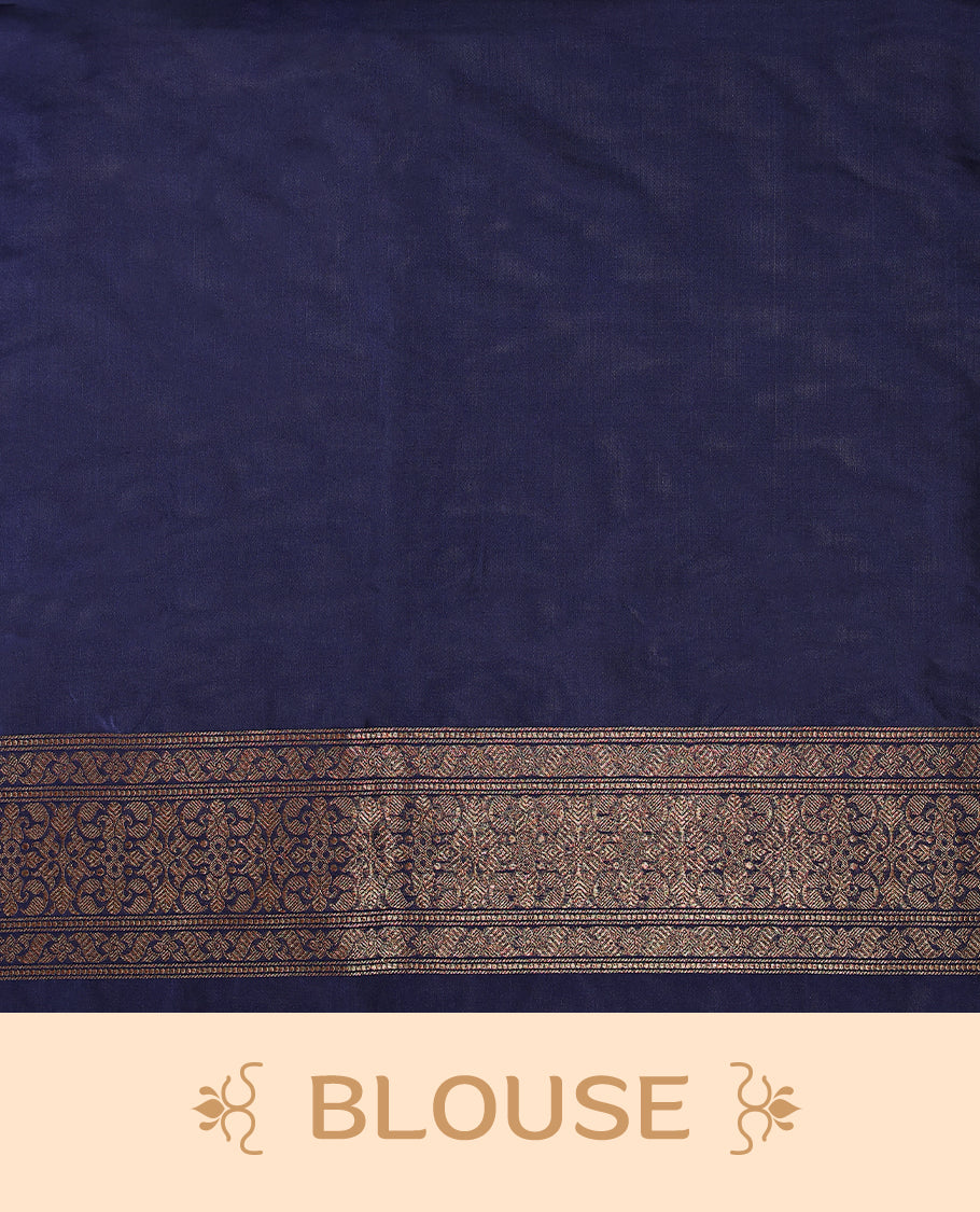 Navy Blue colour semi Banaras Katan saree featuring an antique Gold zari jacquard body, complemented by a self colour traditional border with a floral kodi design, paired with a matching blouse