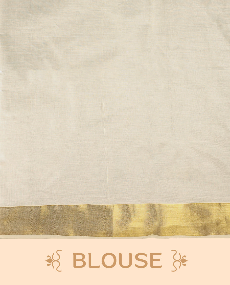 Elegant off white colour cotton Kerala saree featuring Gold zari Floral motifs on body, traditional golden zari kasavu border & Rich Pallu offering a classic and graceful look, paired with a matching blouse.