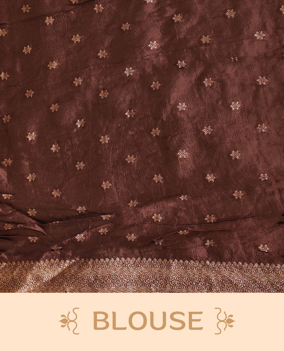 Dark Brown colour Banarasi Bandhani silk saree featuring with intricate Banarasi motifs on body, complemented by antique zari woven border and grand pallu, paired with matching blouse