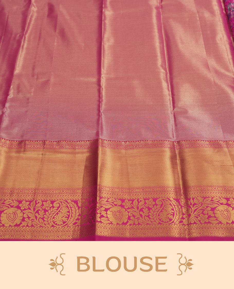 Pastel lavender colour and Antique silver Zari Tissue Brocade Saree features intricate coloured floral Motifs on body and bright pink colour border & pallu with traditional patterns, paired with matching blouse