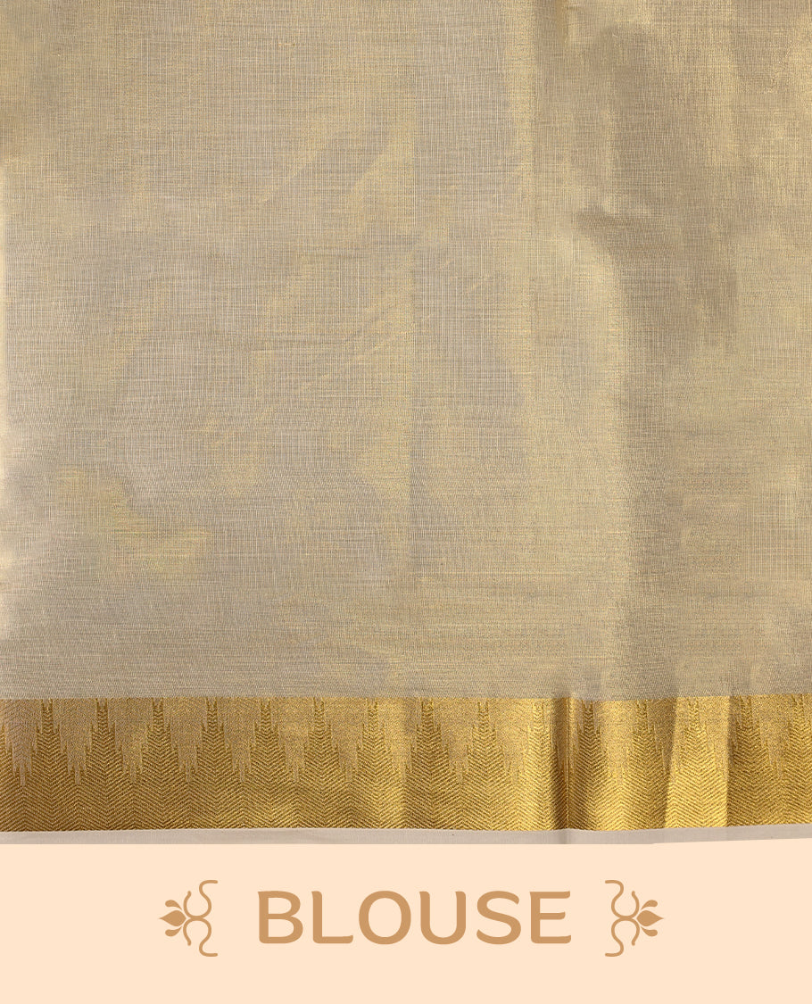 Elegant Light Gold colour Tissue Kerala saree featuring Flower Motifs on body, traditional golden zari kasavu border & Rich Pallu offering a classic and graceful look, paired with a matching blouse.